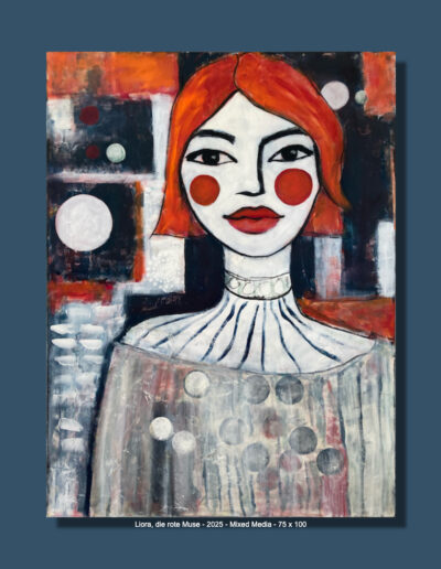 Liora, die rote Muse, Öl/Mixed Media auf Leinwand, 75 x 100 cm, 2025 Angelika Neumann