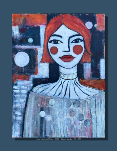 Liora, die rote Muse, Mixed Media auf Leinwand, 75 x 100 cm, 2025