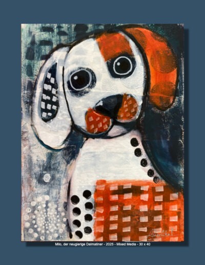 Milo, der neugierige Dalmatiner, Öl/Mixed Media auf Leinwand, 30 x 40 cm, 2025 Angelika Neumann
