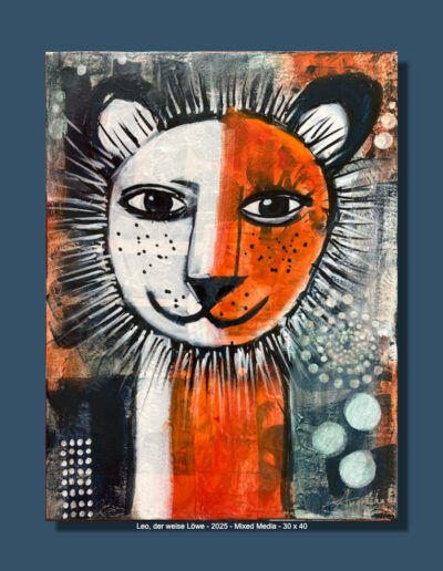 Leo, der weise Löwe, Öl/Mixed Media auf Leinwand, 30 x 40 cm, 2025 Angelika Neumann
