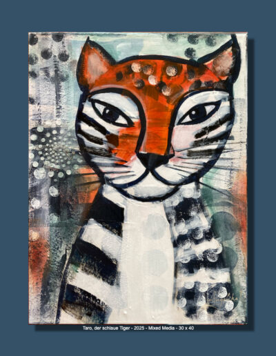 Taro, der schlaue Tiger, Öl/Mixed Media auf Leinwand, 30 x 40 cm, 2025 Angelika Neumann