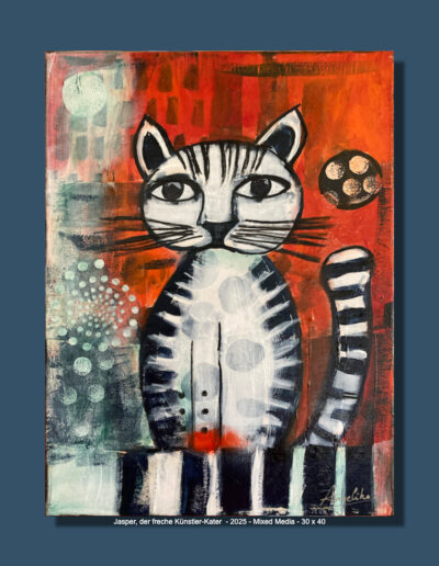 Jasper, der freche Künstler-Kater, Öl/Mixed Media auf Leinwand, 30 x 40 cm, 2025 Angelika Neumann