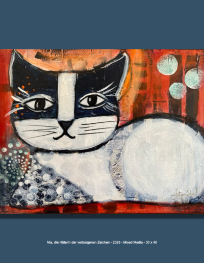 Nia, die Hüterin der verborgenen Zeichen, Öl/Mixed Media auf Leinwand, 30 x 40 cm, 2025 Angelika Neumann