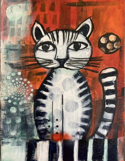 Jasper, the Cheeky Artist Cat, Oil/Mixed Media on Canvas, 40 x 30 cm, 2025, Angelika Neumann