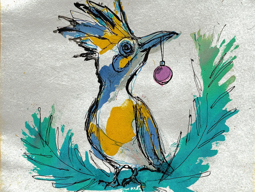 Ein locker skizzierter Vogel mit blauem, gelbem und weißem Gefieder hält ein kleines rosa Ornament im Schnabel. Der Vogel sitzt auf grünem Laub, und der Hintergrund ist strukturiert und hellgrau.