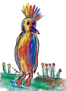 Schräge Vögel 3 Ein farbenfroher, abstrakter Vogel steht im Gras, mit einem roten, gelben und blauen Federkamm. Der Vogel hat orangefarbene Füße und einen dunklen Schnabel. Im Hintergrund wachsen rote und gelbe Blumen. Das Gemälde hat einen kindlichen Stil.