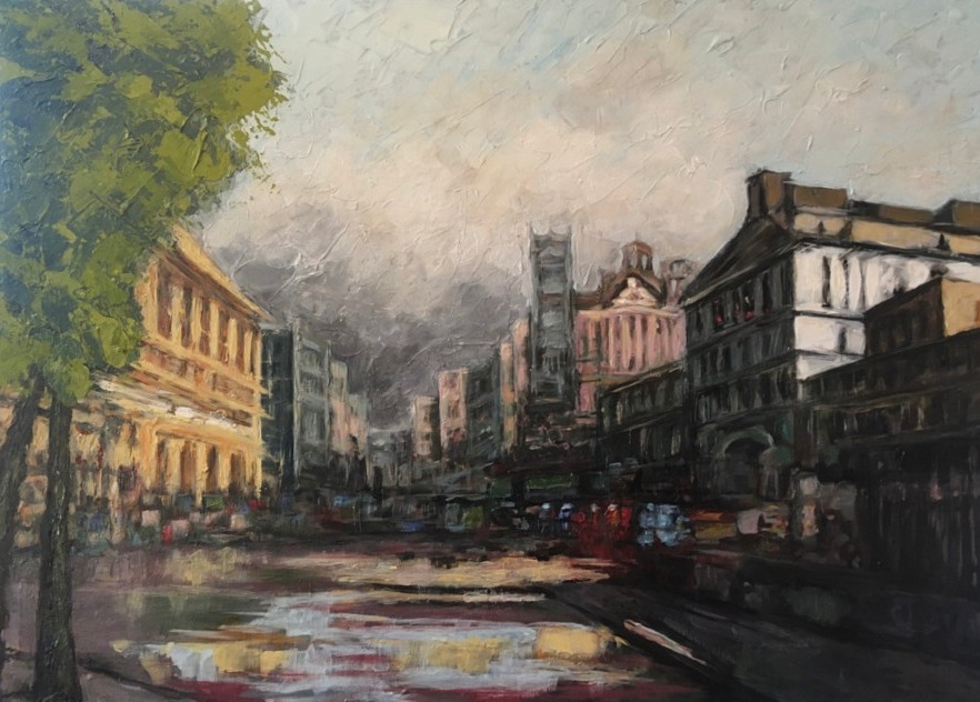 Napoli II, Straßenansicht mit Gebäuden unter dunklem Himmel